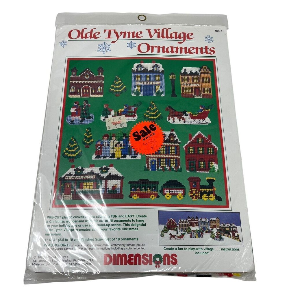 Dimensions‎ Olde Tyme Village Ornaments Kit 1989. Plastic Canvas NOS Christmas
